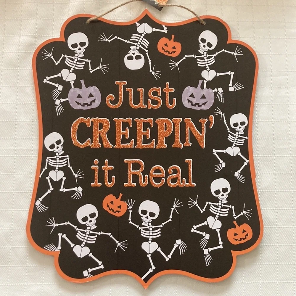 Halloween front door sign Just Creepin’ it Real NEW skeletons pumpkins decor